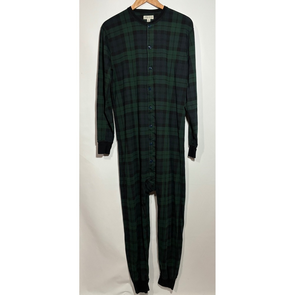 J. Crew Union Suit Mens Medium Green Black Plaid Long Sleeve Button Pajamas 1Pc